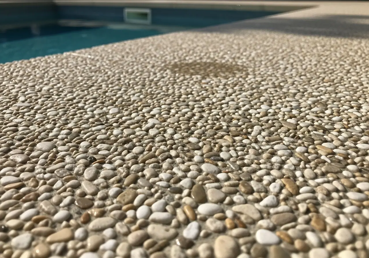 Stone carpet surface with natural beige and white aggregate, textured draining floor, outdoor application around pool, close-up detail