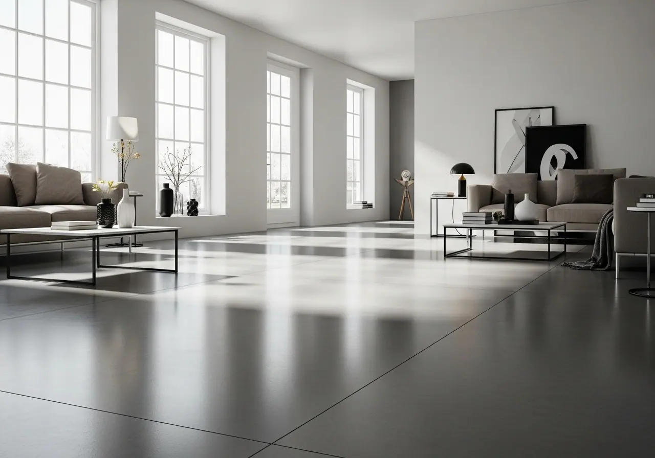 Polished concrete floor in modern interior, smooth grey surface with subtle sheen, contemporary living space, natural light, minimalist design
